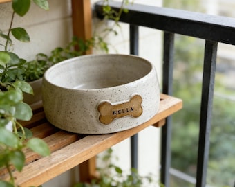 Custom Name Ceramic Pet Bowl | Rustic Speckled Stoneware Dog Dish | Handmade Personalized Dog Bowl | Gift for Dog Owners