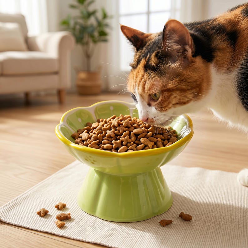 Peut inclure: Un chat calico mangeant dans une gamelle en c&eacute;ramique vert clair sur&eacute;lev&eacute;e en forme de fleur. Le bol pr&eacute;sente un large bord festonn&eacute; et une base en pi&eacute;destal robuste. Il est rempli de croquettes s&egrave;ches brunes en forme de petits poissons.
