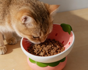 Comedero para mascotas con diseño de fresa, comedero de cerámica personalizado para mascotas, comedero para gatos/perros, comedero para perros con diseño de fresa, comedero de cerámica hecho a mano para mascotas, regalo para amantes de los gatos.