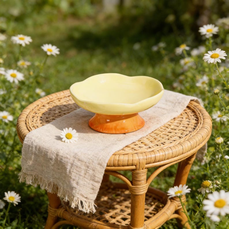May include: A yellow ceramic bowl with a scalloped edge sits on an orange base. The bowl rests on a beige linen cloth on a round, woven wicker table. The scene is outdoors with daisies in the background.