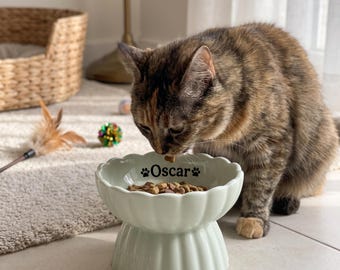 Personalized Elevated Cat Bowl Custom Name Paw Print,  Ceramic Raised Kitten Feeder, Ergonomic Anti-Vomiting Whisker Friendly Cat Dish