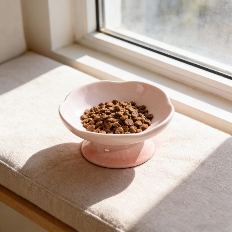 May include: A pink ceramic pet bowl filled with dry pet food. The bowl has a scalloped edge and a pedestal base. The bowl is on a window seat with sunlight shining on it.