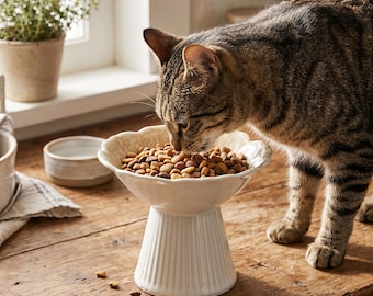 Erhöhte Katzenschale, hoher gerippter Sockel-Kätzchen-Feeder, ausgebogter Blumen-Haustiernapf, breite, flache Katzenschale, Anti-Erbrechen, Keramik-Feeder