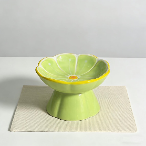 Ceramic Pet Bowl  | Cute Green Citrus Raised Bowl | Hand-Painted Ceramic Pet Feeder | Non-Slip Pedestal Base | Gift for Pet Lovers