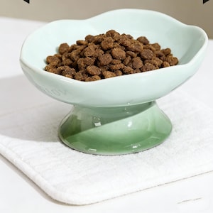 May include: A light green ceramic pet bowl filled with dry pet food. The bowl has a scalloped rim and sits on a pedestal base. The base transitions from a darker green to a lighter green. The bowl rests on a white, quilted mat.