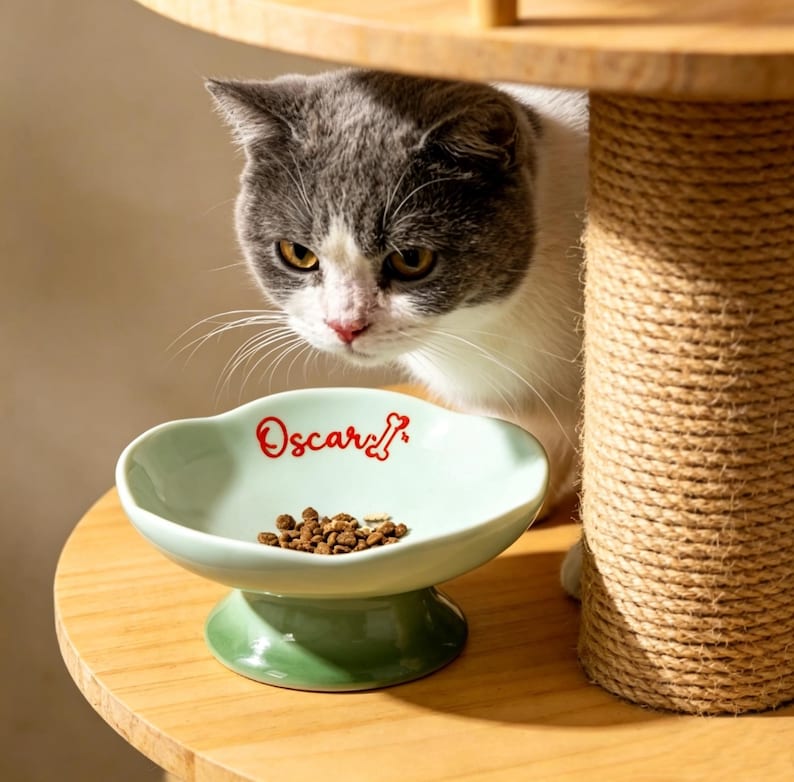May include: A pale green ceramic cat bowl with the name "Oscar" in red script. The bowl contains dry cat food and is on a wooden surface. A grey and white cat is looking at the bowl.