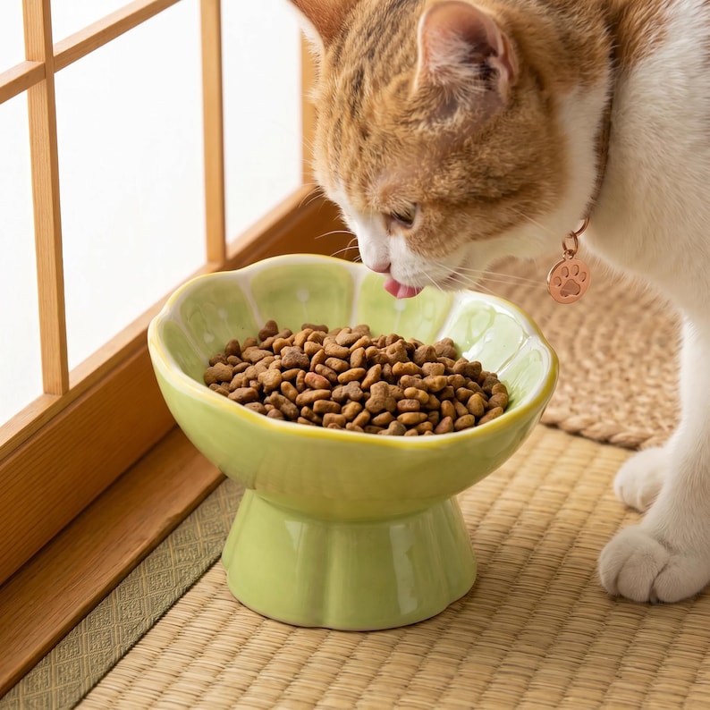 Peut inclure: Un bol pour animal en c&eacute;ramique vert clair avec un bord festonn&eacute; en forme de fleur et une base sur&eacute;lev&eacute;e. Le bol est rempli de croquettes s&egrave;ches brunes. Le design pr&eacute;sente des bords arrondis et lisses avec une finition brillante.