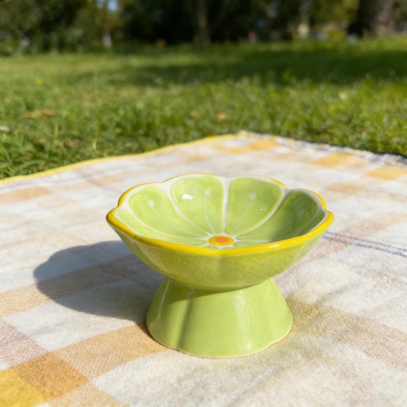 Peut inclure: Un bol en c&eacute;ramique en forme de tranche de citron vert avec un int&eacute;rieur vert clair, des segments blancs et un bord jaune. Le bol repose sur une base en pi&eacute;destal &eacute;vas&eacute;e et pr&eacute;sente une surface ext&eacute;rieure textur&eacute;e imitant l'&eacute;corce.