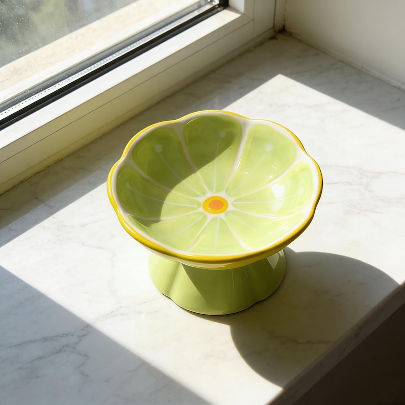 Peut inclure: Un bol sur pied en c&eacute;ramique en forme de tranche de citron vert, pr&eacute;sentant un int&eacute;rieur vert clair avec des segments radiaux blancs et un petit centre orange. L'ext&eacute;rieur est vert clair uni avec un bord festonn&eacute; et une base circulaire &eacute;vas&eacute;e.