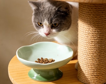 Tigela elevada para gatos, comedouro em formato de flor, comedouro de cerâmica para animais de estimação, tigela para gatos que não danifica os bigodes, prato de cerâmica para gatos, presente para amantes de gatos, presente para mães de gatos