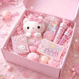 May include: A pink gift box filled with various items, including a white plush cat with a pink bow, a small notebook, lip gloss, and heart-shaped candies. The box is surrounded by decorative paper and other pink accessories.