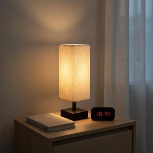 Minimalist Bedside Table Lamp, Linen Shade, Black Base, Bedroom Nightstand Light