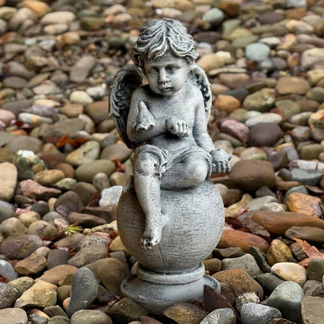 Concrete Angel Cherub Statue Stone Memorial Sculpture Garden Grave ...