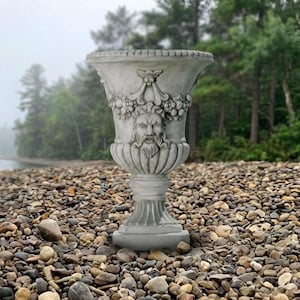 May include: A gray stone garden urn featuring a relief of a bearded face centered on the bowl, flanked by carved grape clusters and foliage. The vessel has a wide, flared rim, a fluted lower body, and a sturdy pedestal base with a square plinth.