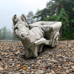 May include: A gray stone-colored garden planter shaped like a donkey pulling a cart. The donkey has textured fur details and pointed ears, while the attached cart features a hollow rectangular basin and decorative wheel designs on the side.