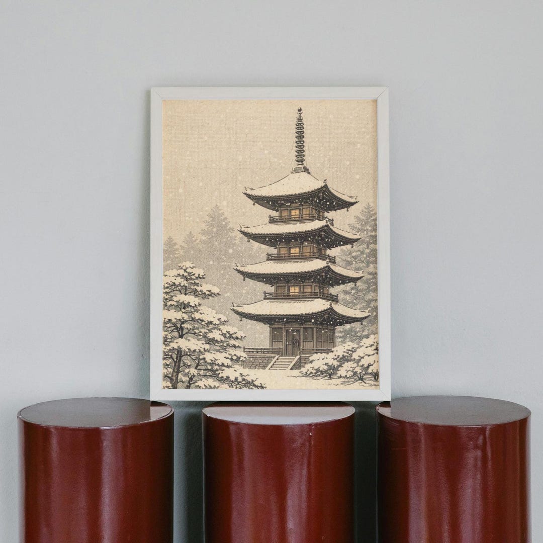 Japanese Pagoda Print Winter Snow Wall Art Minimalist Japandi Poster japanese-pagoda-print-winter-snow-wall-art-minimalist-japandi-poster