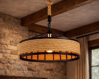Lampadario industriale in corda di canapa e ferro nero, lampadario industriale rustico, lampadario Edison vintage da fattoria
