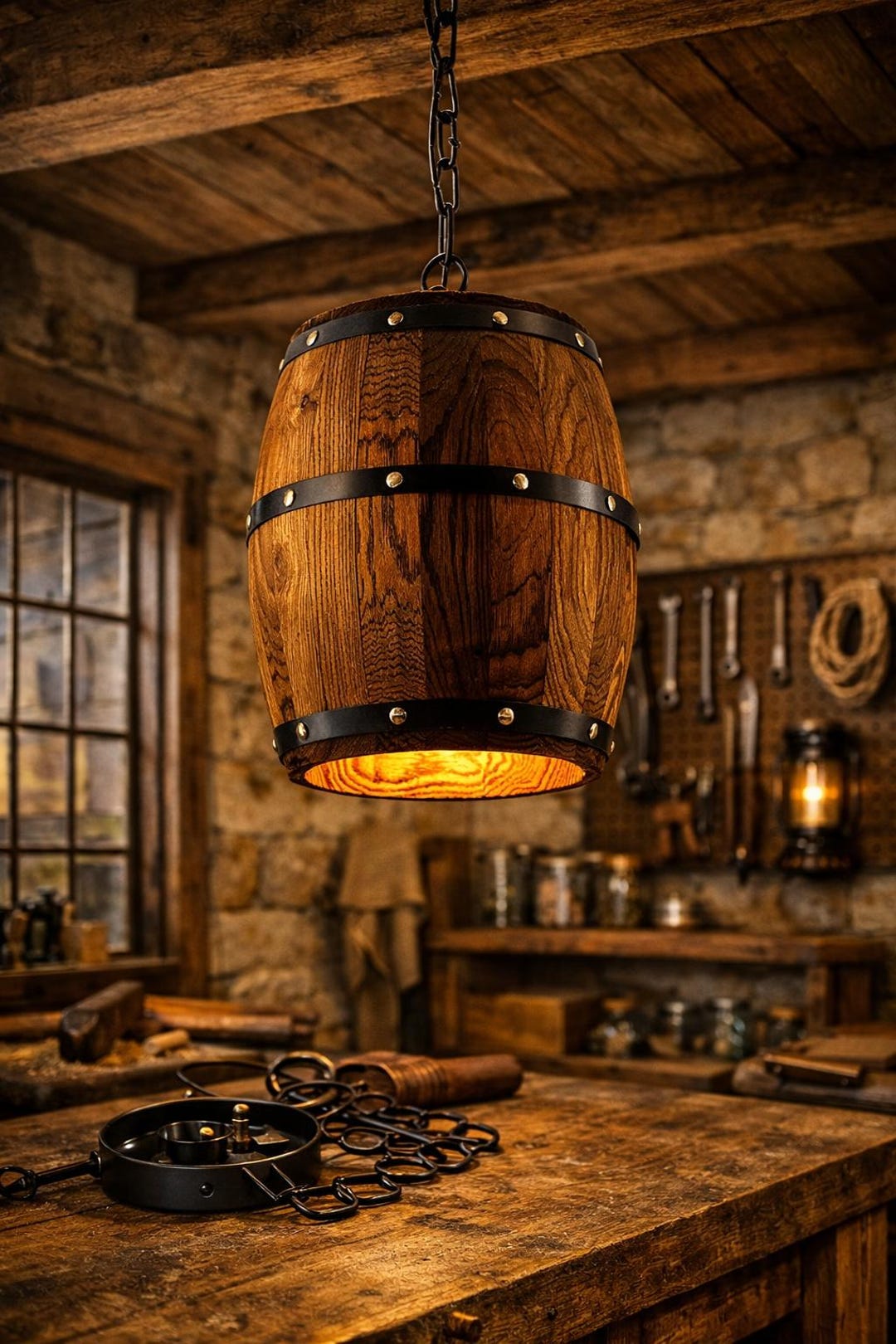 Wine Barrel Pendant Light | Rustic Wood & Iron Hanging Lamp, Vintage ...