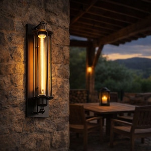 Puede incluir: Aplique de pared exterior negro con una bombilla tubular larga dentro de un cilindro de vidrio transparente. El aplique está montado en una pared de piedra, con un patio de madera y una vista de las montañas al fondo.