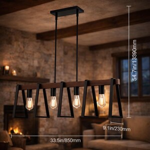 Industrial Wood Pendant Light 4 Bulbs | Farmhouse Island Chandelier | Rustic Dining Room Kitchen