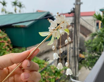 Lelietje-van-dalen-sieraden, haarspeld lelietje-van-dalen, haarspeldjes bloemen, haarspeld kwastje, vintage haarspeld, Chinese haarspeld lelie