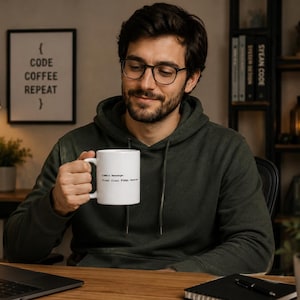 May include: A white ceramic mug featuring black text that reads: Commit message: 'Final final FINAL version'. The mug has a standard cylindrical shape with a curved handle on the side, designed for holding hot beverages while working at a desk.