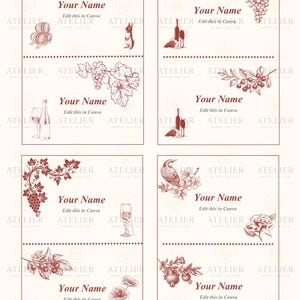 May include: A collection of invitation cards with wine-themed illustrations in sepia tones. Each card features a different design, including grapes, wine bottles, and floral elements. The text "Your Name" and "Edit this in Canva" are also present.