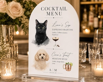 May include: A white cocktail menu with an arched top, featuring illustrations of a black cat and a poodle. The menu lists Espresso Martini and Moscow Mule cocktails. The date "05.24.24" is printed at the bottom. The menu is displayed on a clear acrylic stand.