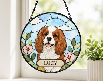Custom Dog Stained Glass Suncatcher, Personalized Pet Window Hanging, Pet Memorial Rainbow Bridge Gift, Floral Pet Portrait Glass Art