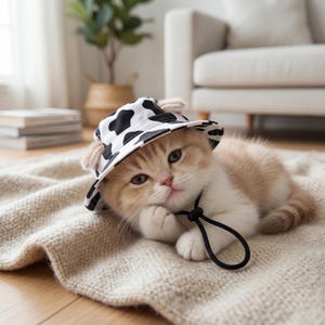 May include: A tan and white kitten wearing a black and white cow print hat with ear cutouts. The kitten is lying on a beige blanket, with a black drawstring around its neck. The background includes a couch and a potted plant.