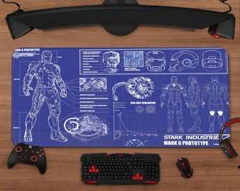 Iron Man Mark VI Armor Blueprint Mouse Pad: Futuristic Gaming Desk Mat