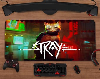 Stray Mouse Pad | Cyberpunk Cat Extended Desk Mat | XXL Gaming Mousepad | Desk Setup Decor