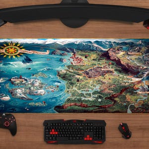 May include: A rectangular desk mat featuring a detailed fantasy map of the Northern Realms, including illustrations of mountains, forests, and oceans. The map includes text labels such as Northern Realms, Novigrad, and Skellige, with a compass rose.