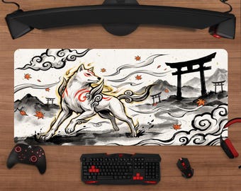 Okami Amaterasu Wolf Mousepad | Ink Brush Gaming Desk Mat (Video Game Inspired)