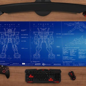 May include: A blue desk mat with a robot blueprint design, alongside a black keyboard, mouse, and controller. A monitor and headset are also visible on a wooden surface.