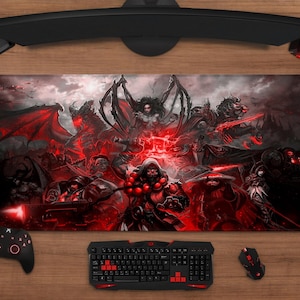 May include: A rectangular gaming mousepad featuring a dark fantasy scene with red and black hues. The artwork depicts various characters, including a hooded figure and winged creatures, with a dramatic, action-packed composition. A keyboard, mouse, and controller are also visible.