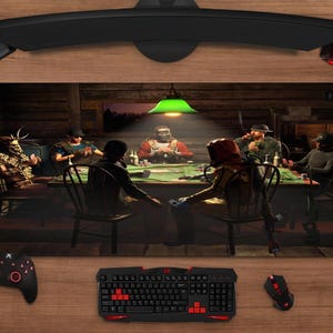 May include: A gaming mouse mat depicting a poker game with multiple figures seated around a green table. A keyboard, mouse, controller, and headset are visible on a wooden surface surrounding the mat.