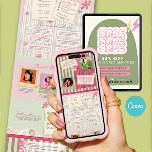 May include: A pink phone case displays a hair salon's services and client photos. The image includes a tablet with a "SALE" graphic, promotional banners, and social media post layouts. The color scheme is pink, green, and white.
