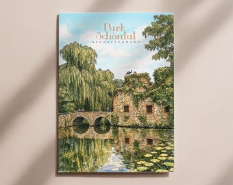 Postcard Park Schönthal Aschaffenburg – Aschaffenburg cityscape map, illustration Park Schönthal, gift from Bavaria