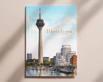 Postcard Rhine Tower Düsseldorf – Düsseldorf cityscape map, illustration of the Rhine Tower, NRW souvenir