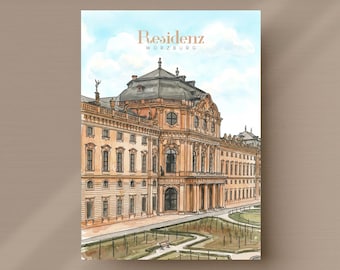 Postcard of the Würzburg Residence with illustration of the baroque architecture and gardens