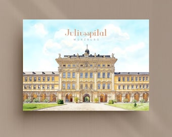 Postcard of Juliusspital Würzburg – Architectural illustration of Würzburg map, cityscape of Würzburg, Bavaria souvenir