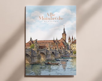 Würzburg Vintage Postcard – Old Main Bridge Illustration, Germany Souvenir, Travel Gift, City Poster