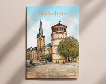 Postcard Düsseldorf Castle Tower – Düsseldorf Old Town Illustration, Düsseldorf city map, NRW souvenir, Rhine city scene