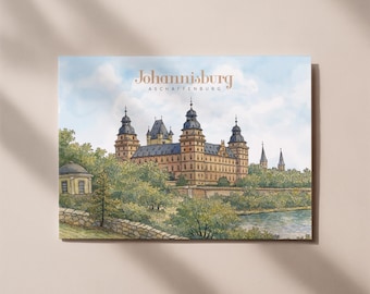 Johannisburg Aschaffenburg postcard – Illustration of Johannisburg Castle, Aschaffenburg city print, gift from Bavaria