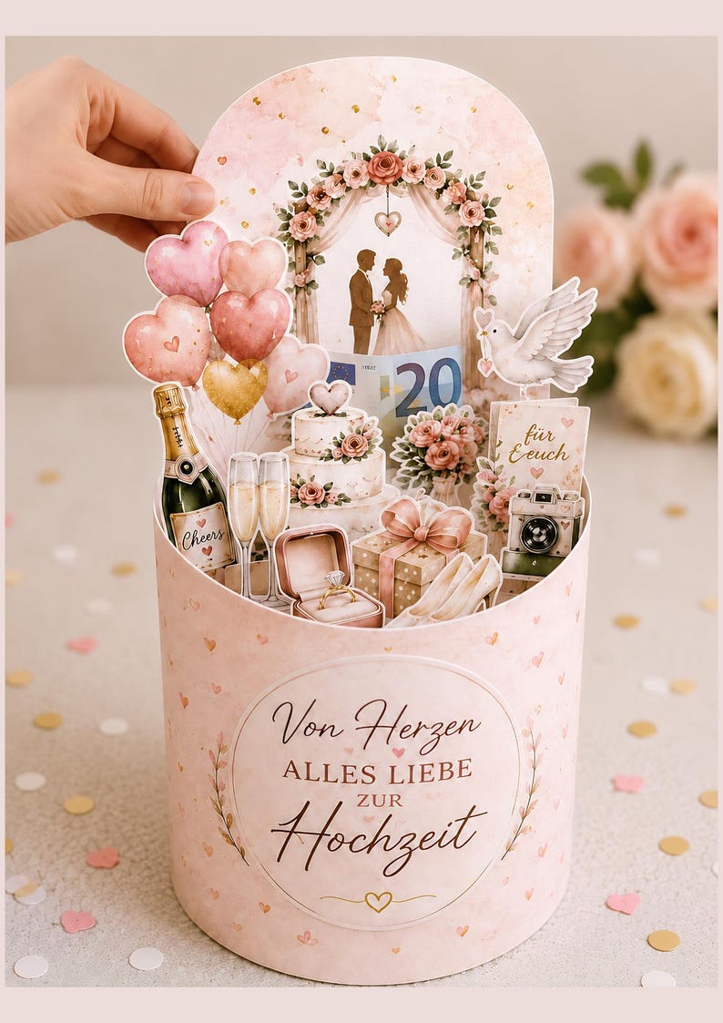 May include: A pink and gold wedding-themed pop-up card with a floral arch, cake, champagne, and heart-shaped balloons. The card features the text "Von Herzen Alles Liebe zur Hochzeit".