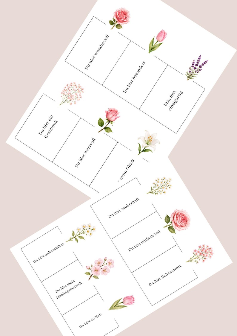 Op de afbeelding: Een set rechthoekige kaarten met bloemenillustraties en Duitse tekst, waaronder zinnen als Du bist wundervoll, Du bist besonders, Du bist einzigartig, Du bist ein Geschenk, Du bist wertvoll, mein Gl&uuml;ck, Du bist zauberhaft, Du bist einfach toll, Du bist unbezahlbar, Du bist mein Lieblingsmensch en Du bist so lieb.