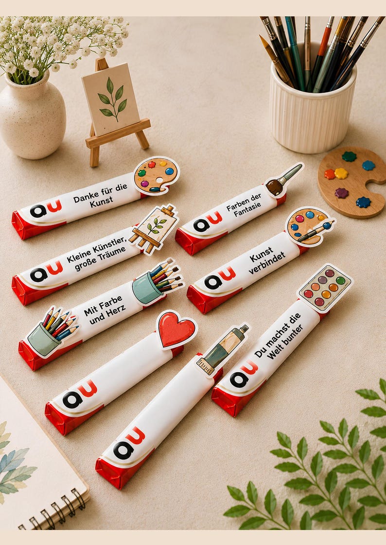 May include: Seven rectangular candy bars wrapped in white paper with red ends, each featuring the logo 'au' and various artistic illustrations including paint palettes, brushes, pencils, and hearts, with German text printed on each individual wrapper.
