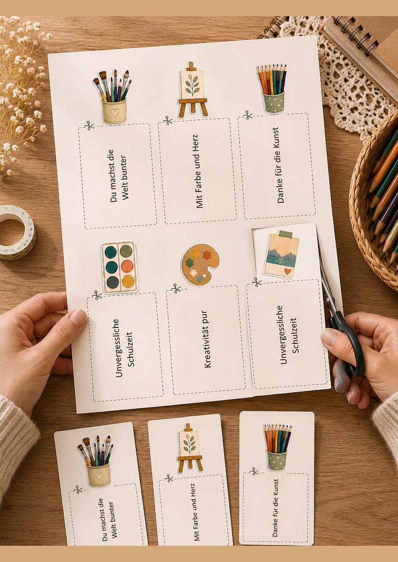 May include: A printable sheet of rectangular cards featuring illustrations of art supplies like paintbrushes, palettes, and easels. Each card contains German text including phrases like Du machst die Welt bunter, Mit Farbe und Herz, and Unvergessliche Schulzeit, with dashed lines for cutting.