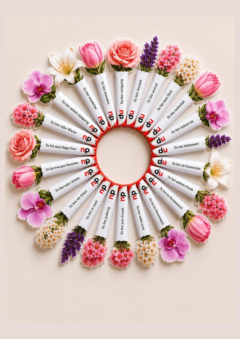 Op de afbeelding: Een cirkelvormige opstelling van vierentwintig rechthoekige witte chocoladerepen, elk verpakt in papier met een unieke Duitse zin en bekroond met een andere kleurrijke bloem, waaronder roze rozen, paarse lavendel en witte lelies.